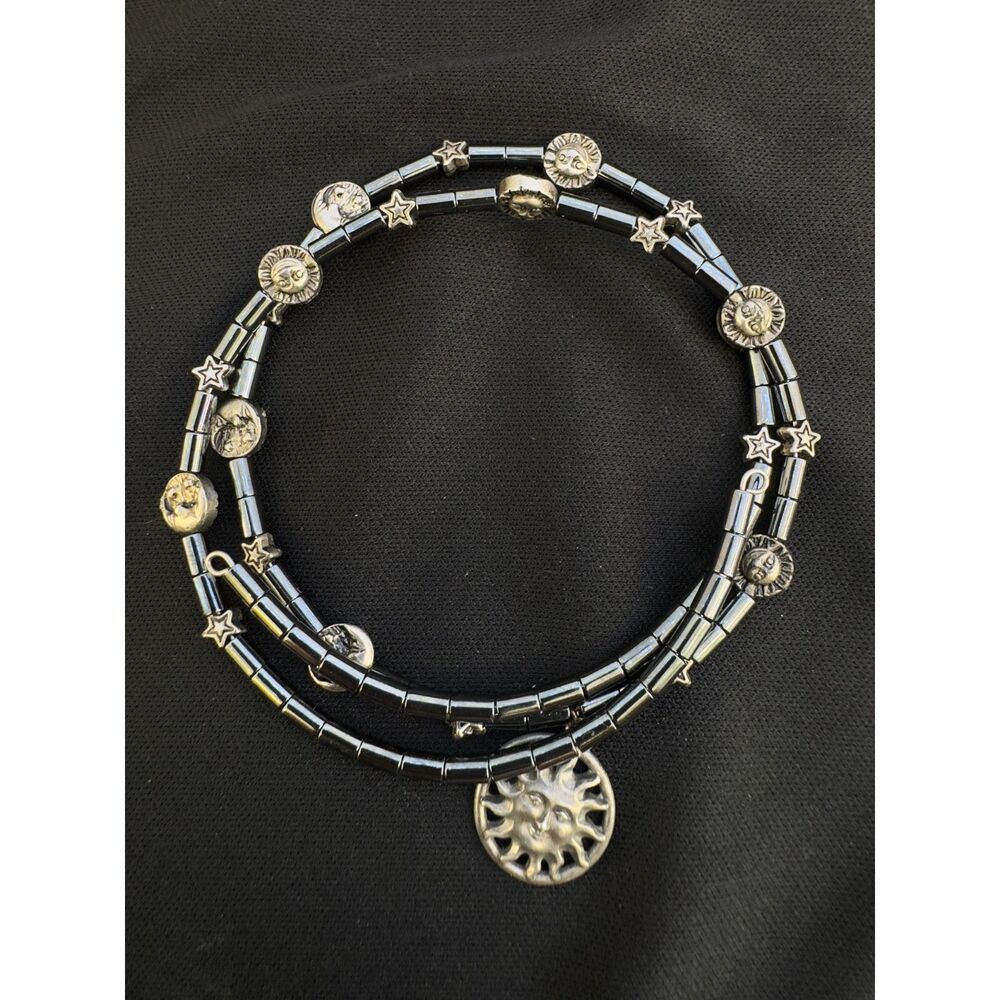 Sterling Silver & Hematite Sun/Moon Charm Wire Bracelet